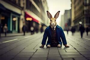 un' coniglio vestito nel un' completo da uomo e cravatta si siede su il terra. ai-generato foto