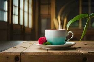 un' tazza di caffè su un' di legno tavolo. ai-generato foto