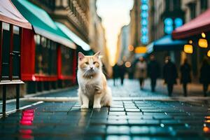 un' gatto seduta su il strada nel un' città. ai-generato foto