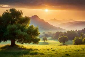 il sole sorge al di sopra di il montagne nel Questo bellissimo paesaggio. ai-generato foto