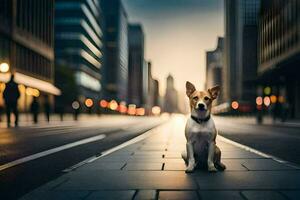 un' cane seduta su il strada nel un' città. ai-generato foto