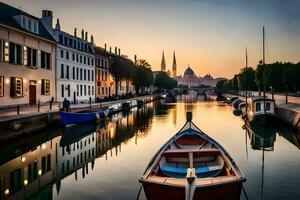 Barche siamo attraccato nel un' canale a tramonto. ai-generato foto