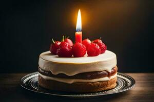 un' compleanno torta con un' singolo candela. ai-generato foto