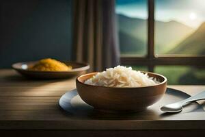 un' ciotola di riso e un' cucchiaio su un' di legno tavolo. ai-generato foto
