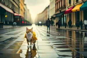 un' gatto a piedi su un' bagnato strada nel il pioggia. ai-generato foto