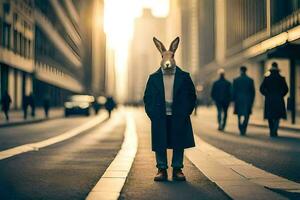 un' coniglio indossare un' cappotto e cappello sta nel il mezzo di un' città strada. ai-generato foto