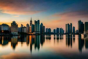 il città orizzonte è riflessa nel il acqua a tramonto. ai-generato foto