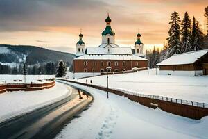 un' Chiesa nel il neve con un' strada principale per esso. ai-generato foto