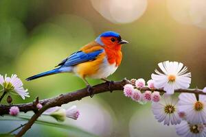 un' colorato uccello si siede su un' ramo con fiori. ai-generato foto