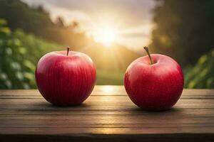 Due mele sedersi su un' di legno tavolo nel davanti di il sole. ai-generato foto