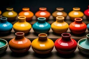 un' riga di colorato vasi su un' di legno tavolo. ai-generato foto