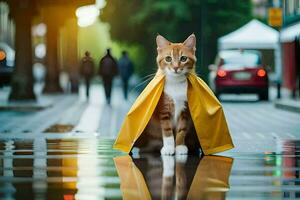 un' gatto indossare un' giallo impermeabile su un' strada. ai-generato foto