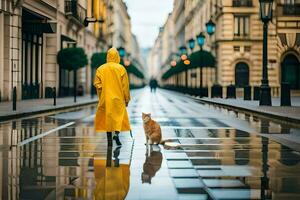 un' donna nel un' giallo impermeabile e gatto a piedi giù un' strada. ai-generato foto