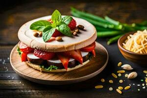 un' Sandwich con fragole e formaggio su un' di legno tavola. ai-generato foto