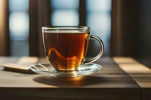 un' tazza di tè su un' di legno tavolo. ai-generato foto