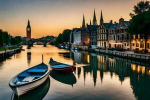 Barche siamo attraccato nel un' canale a tramonto. ai-generato foto