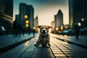 un' cane seduta su il strada nel il città. ai-generato foto