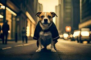 un' cane indossare un' cappotto in piedi su il strada. ai-generato foto