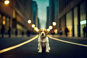 un' cane seduta su il strada nel un' città. ai-generato foto