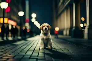 un' cane è in piedi su un' strada a notte. ai-generato foto