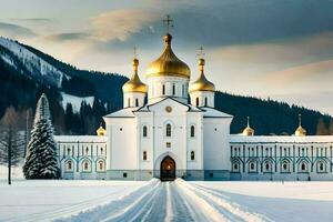 un' bianca Chiesa con oro cupole nel il neve. ai-generato foto