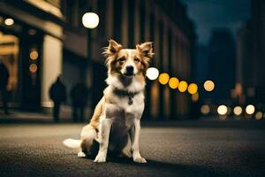 un' cane seduta su il strada a notte. ai-generato foto