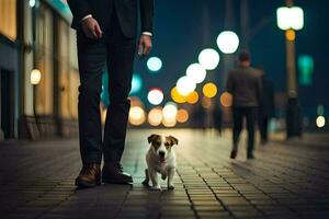 un' uomo nel un' completo da uomo e cravatta a piedi il suo cane su un' città strada. ai-generato foto