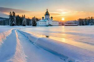 un' Chiesa nel il neve con il sole ambientazione dietro a esso. ai-generato foto