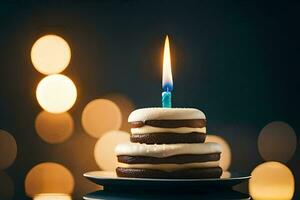 un' compleanno torta con un' singolo candela su esso. ai-generato foto