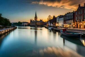 un' barca è attraccato nel un' canale a tramonto. ai-generato foto