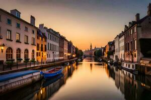 un' canale nel Bruges a tramonto. ai-generato foto