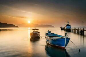 Due Barche sedersi nel il acqua a tramonto. ai-generato foto