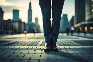 un' persona in piedi su un' città strada con loro gambe incrociato. ai-generato foto