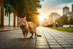 un arancia gatto a piedi su un' mattone sentiero nel il città. ai-generato foto