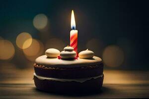 un' piccolo compleanno torta con un' illuminato candela. ai-generato foto