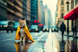 un' gatto indossare un' giallo capo su un' città strada. ai-generato foto