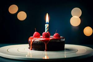 un' compleanno torta con un' illuminato candela. ai-generato foto