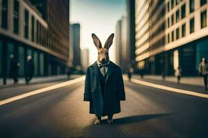 un' coniglio nel un' completo da uomo e cravatta in piedi nel il mezzo di un' città strada. ai-generato foto