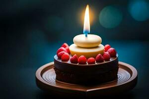 un' cioccolato torta con un' singolo candela su superiore. ai-generato foto