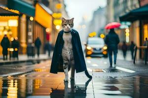 un' gatto nel un' cappotto a piedi giù un' strada. ai-generato foto