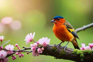 foto sfondo molla, il uccello, fiori, il uccello, molla, il uccello, primavera,. ai-generato