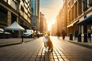 un' gatto è a piedi giù un' strada nel il città. ai-generato foto