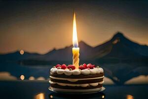 un' compleanno torta con un' illuminato candela su superiore. ai-generato foto