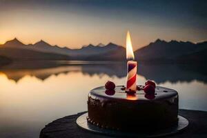 un' compleanno torta con un' singolo candela su superiore di un' lago. ai-generato foto