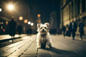 un' piccolo bianca cane seduta su il marciapiede a notte. ai-generato foto