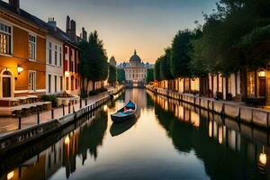un' barca è su un' canale nel un' città a tramonto. ai-generato foto