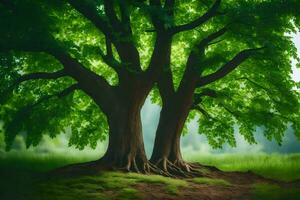 Due alberi nel il mezzo di un' campo. ai-generato foto