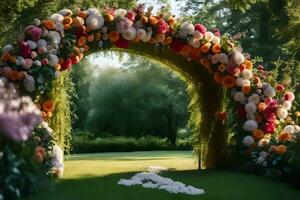 un' nozze arco fatto di fiori nel il erba. ai-generato foto