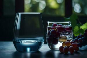 Due bicchieri con uva e acqua su un' tavolo. ai-generato foto