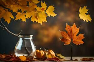 autunno le foglie e zucche su un' tavolo. ai-generato foto